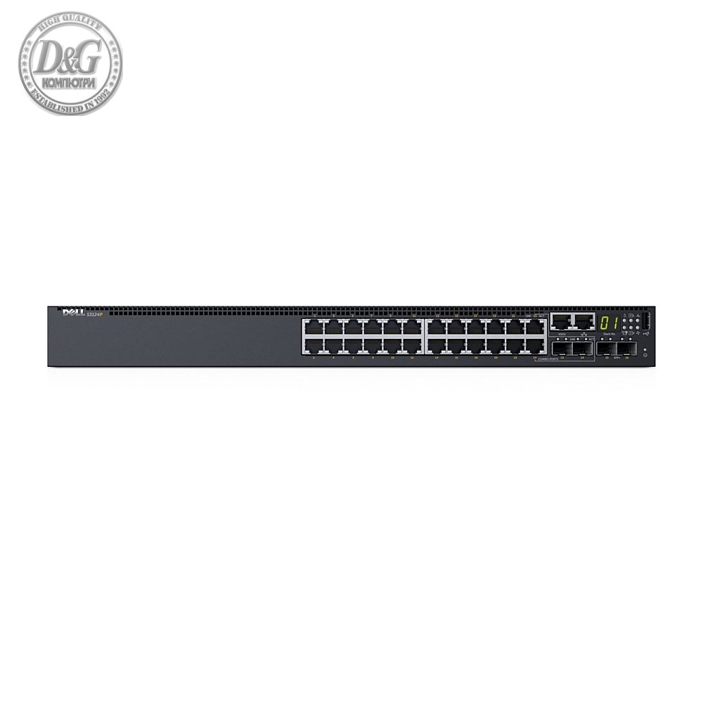 Dell Networking S3124P, L3, PoE+, 24x 1GbE, 2x Combo, 2x 10GbE SFP+ fixed ports, Stacking, IO to PSU air, 1x 715w AC PS, 1Y PS NBD, 210-AIMO