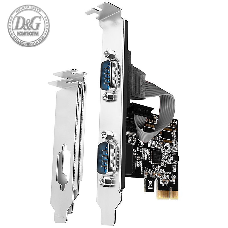 PCI-Express card with two 250 kbps serial ports. ASIX AX99100. Standard & Low Profile.