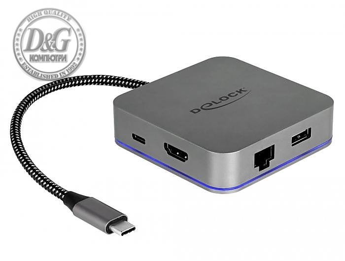 Докинг станция Delock USB-A, USB-C, HDMI, Gigabit LAN, PD, Подсветка, Сив