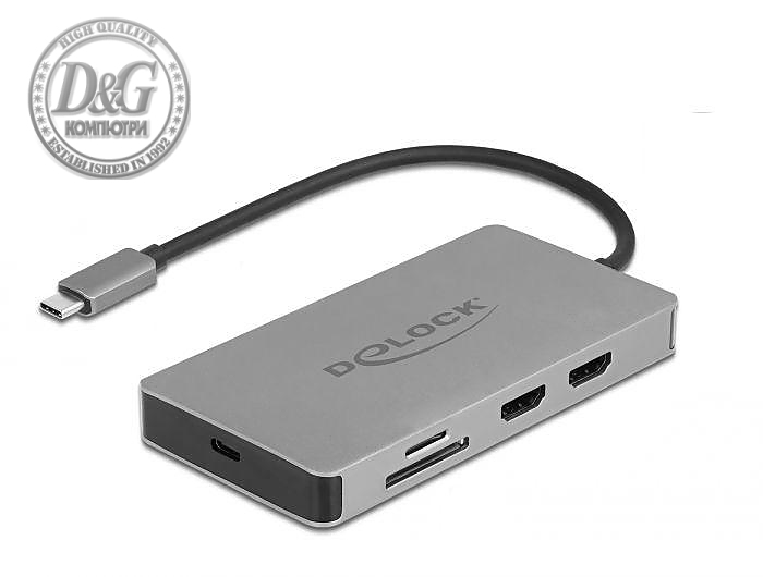 Докинг станция Delock USB-C - Dual HDMI, USB 3.2, SD, LAN, PD3.0 Сив