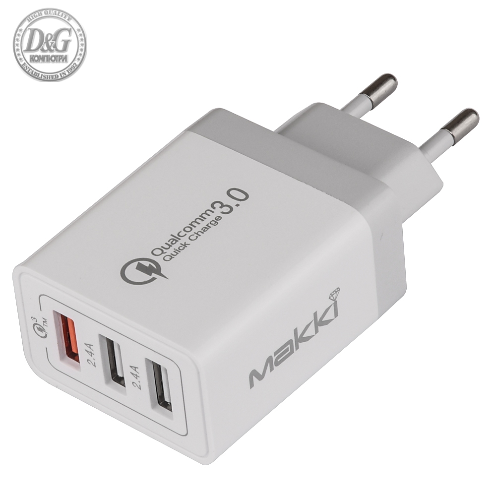 Makki бързо зарядно Fast Charger - QC3.0+2xUSB 30W White - MAKKI-QC30W3