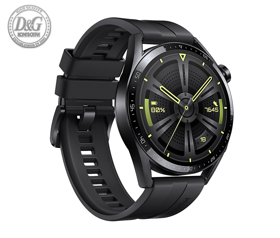 Huawei Watch GT 3 46mm, Active Jupiter-B29S, 1.43", Amoled, 466x466, PPI 326, 4GB, Bluetooth 5.2 supports BLE/BR/EDR, 5ATM, NFC, GPS, Battery 455 maAh, Black Fluoroelastomer Strap