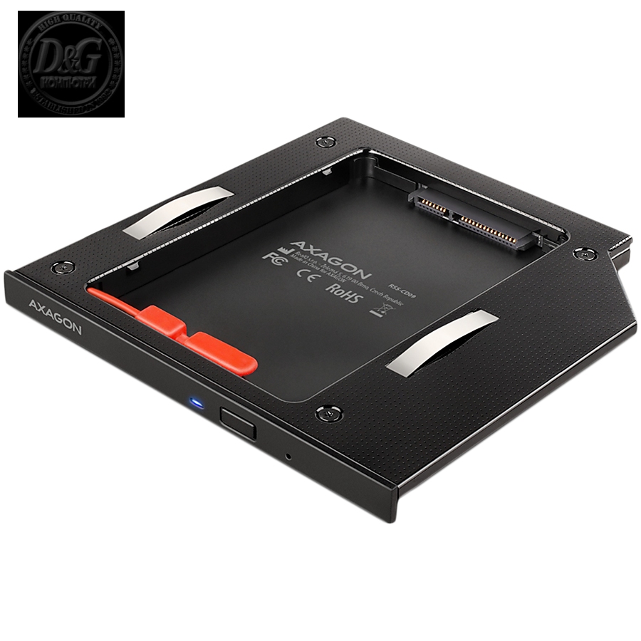 AXAGON RSS-CD09 2.5" SSD/HDD caddy into DVD slot, 9.5 mm, LED, ALU