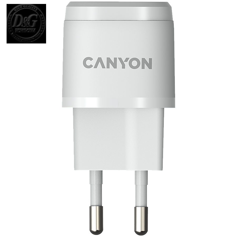 Canyon, PD 20W Input: 100V-240V, Output: 1 port charge: USB-C:PD 20W (5V3A/9V2.22A/12V1.66A) , Eu plug, Over- Voltage ,  over-heated, over-current and short circuit protection Compliant with CE RoHs,ERP. Size: 68.5*29.2*29.4mm, 32.5g, White