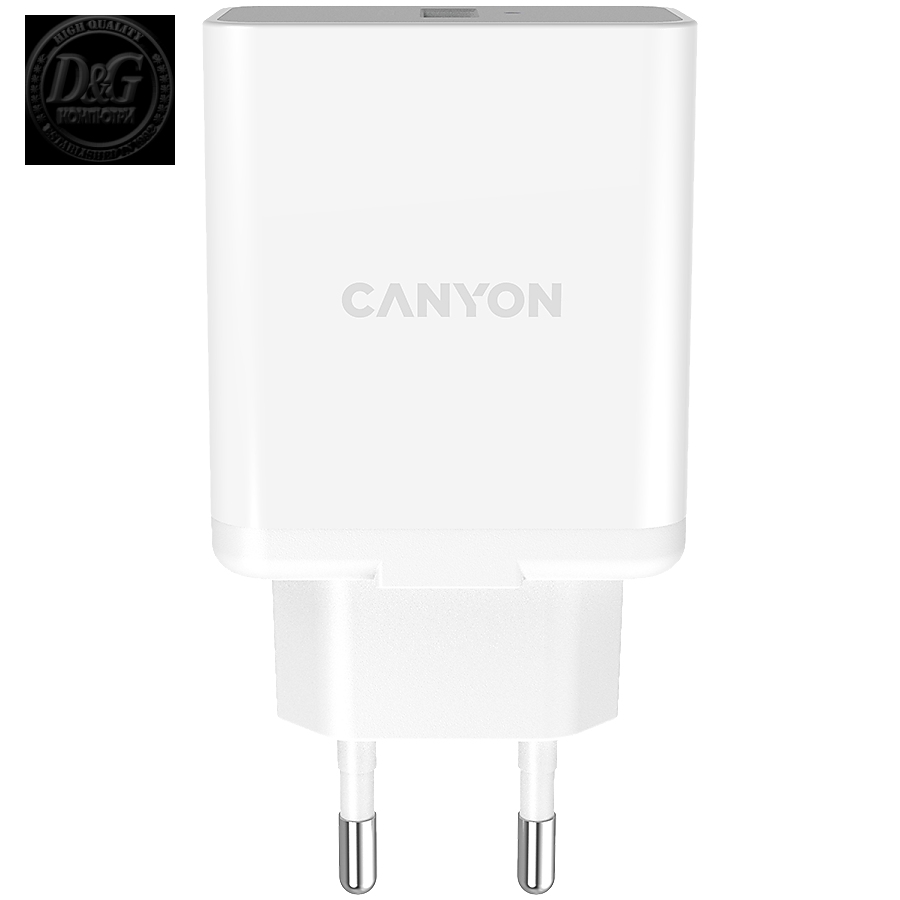 Canyon, Wall charger with 1*USB, QC3.0 24W, Input: 100V-240V, Output: DC 5V/3A,9V/2.67A,12V/2A, Eu plug, Over-load,  over-heated, over-current and short circuit protection, CE, RoHS ,ERP. Size:89*46*26.5 mm,58g, White