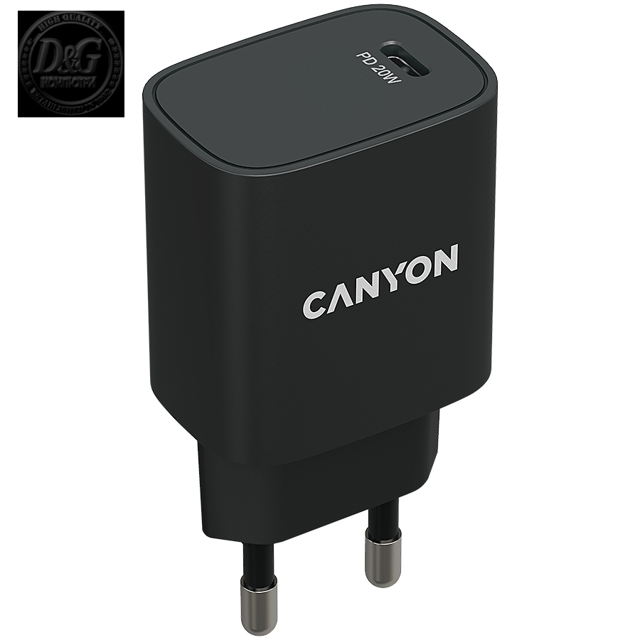 Canyon, PD 20W Input: 100V-240V, Output: 1 port charge: USB-C:PD 20W (5V3A/9V2.22A/12V1.67A) , Eu plug, Over- Voltage ,  over-heated, over-current and short circuit protection Compliant with CE RoHs,ERP. Size: 80*42.3*30mm, 55g, Black