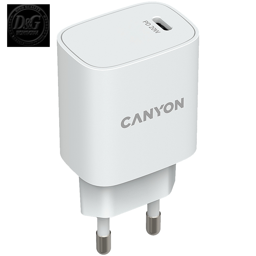 Canyon, PD 20W Input: 100V-240V, Output: 1 port charge: USB-C:PD 20W (5V3A/9V2.22A/12V1.67A) , Eu plug, Over- Voltage ,  over-heated, over-current and short circuit protection Compliant with CE RoHs,ERP. Size: 80*42.3*30mm, 55g, White