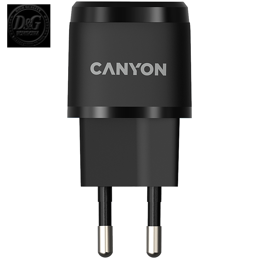 Canyon, PD 20W Input: 100V-240V, Output: 1 port charge: USB-C:PD 20W (5V3A/9V2.22A/12V1.66A) , Eu plug, Over- Voltage ,  over-heated, over-current and short circuit protection Compliant with CE RoHs,ERP. Size: 68.5*29.2*29.4mm, 32.5g, Black