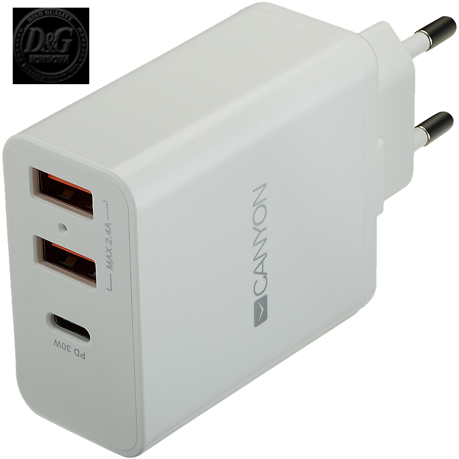 CANYON H-08 Universal 3xUSB AC charger (in wall) with over-voltage protection(1 USB-C with PD Quick Charger), Input 100V-240V, OutputUSB-A/5V-2.4A+USB-C/PD30W, with Smart IC, White Glossy Color+ orange plastic part of USB, 96.8*52.48*28.5mm, 0.092kg