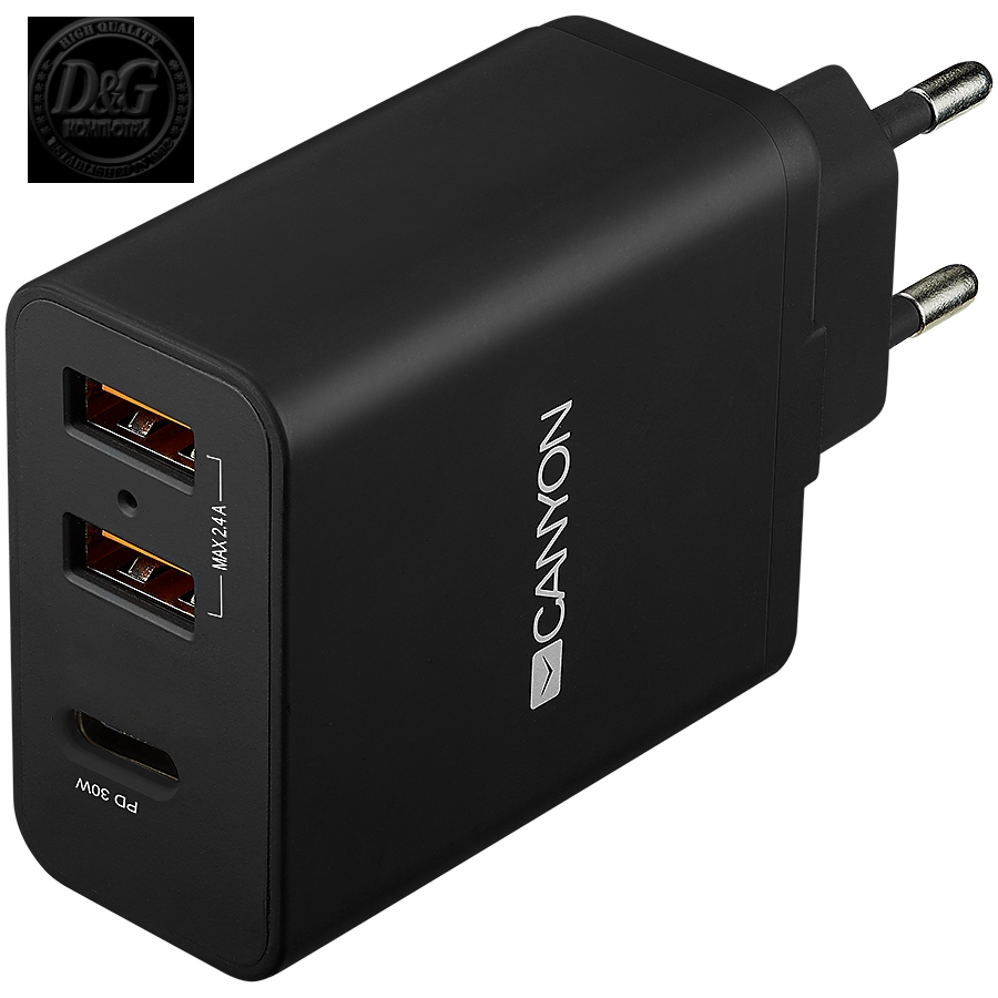 CANYON H-08 Universal 3xUSB AC charger (in wall) with over-voltage protection(1 USB-C with PD Quick Charger), Input 100V-240V, Output USB-A/5V-2.4A+USB-C/PD30W, with Smart IC, Black Glossy Color+orange plastic part of USB, 96.8*52.48*28.5mm, 0.092kg