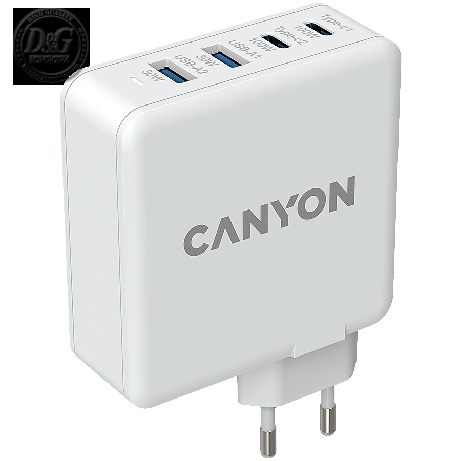 Canyon, GAN 100W charger  Input:  100V-240V Output: USB-C1/C2: 5V 3A , 9V 3A , 12V 3A , 15V 3A , 20V 5A  USB-A 1/A2: 4.5V/5A, 5V/4.5A, 9V/3A, 12V/2.5A,  20V/1.5A  C1+C2 : 65W + 30Wпј› C1+A1 : 65W + 30W пј› C1+A2 : 65W + 30W пј›C1+A1+A2 : 65W + 7.5W