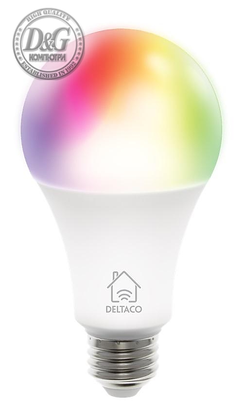 Смарт RGB крушка DELTACO SH-LE27RGB, Е27, WiFI 2.4GHz, 9W, 810lm, димираща, Бяла