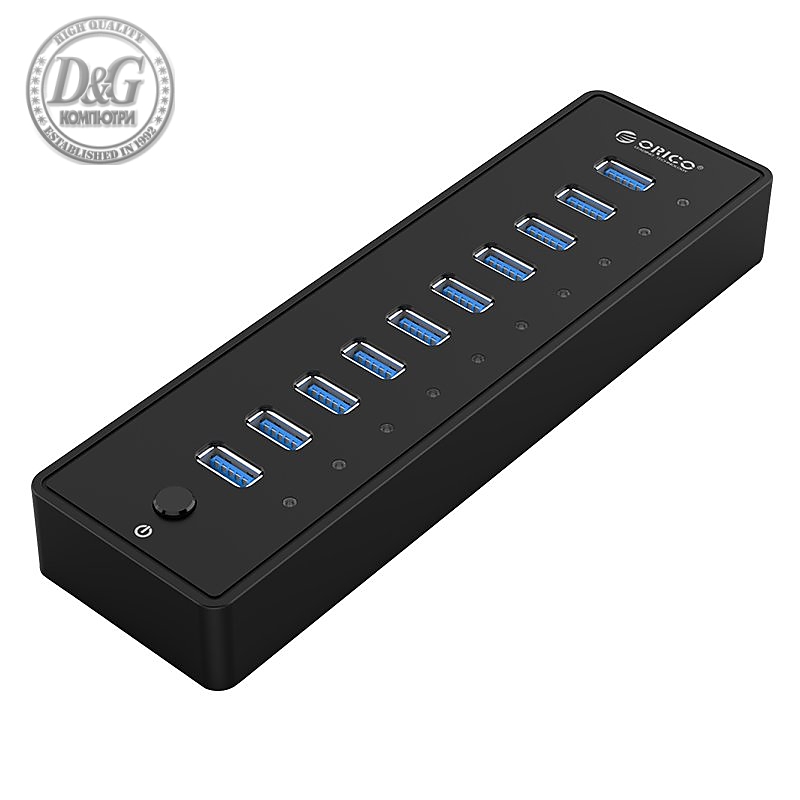 Orico хъб USB3.0 HUB 10 port with Premium Power Adapter, Black - P10-U3-V1-BK