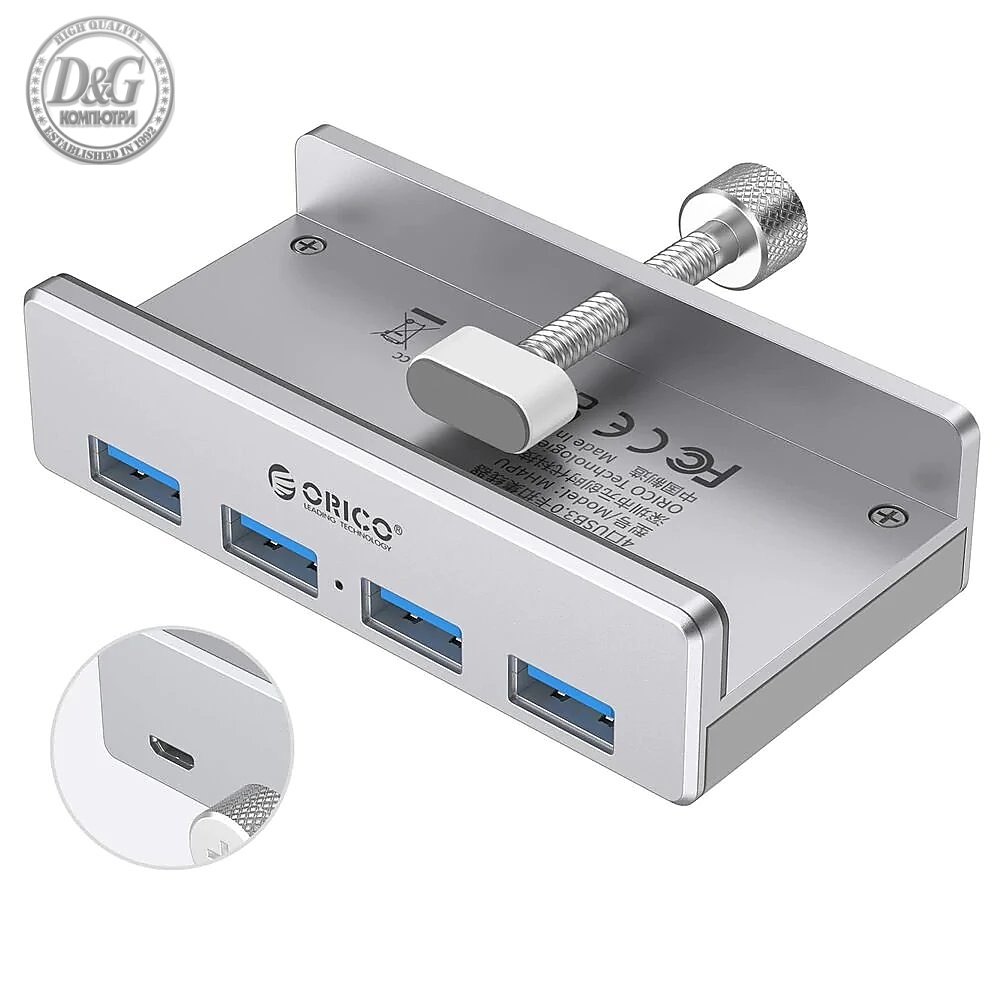 Orico хъб USB 3.0 HUB Clip Type 4 port - aux Micro-USB power input, Aluminum - MH4PU-P-SV