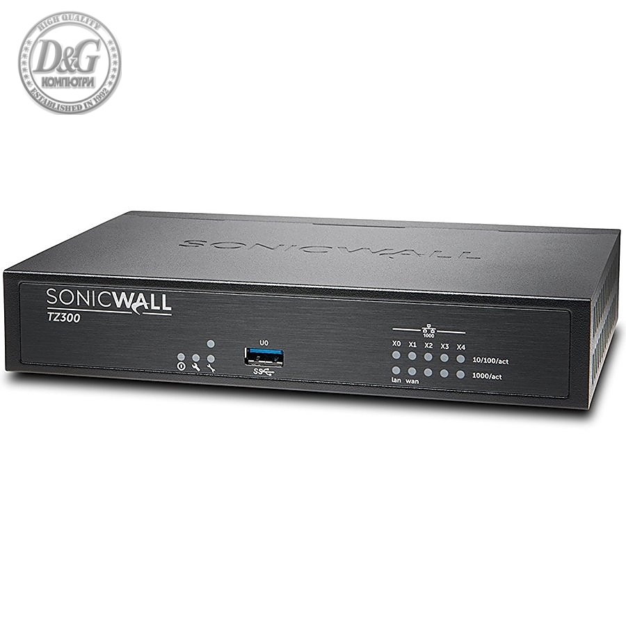 SONICWALL TZ300 TOTALSECURE 1YR, SMB firewall, 5x1GbE, 1 USB, TOTAL SECURE LICENSE 1 year, CGSS: Anti-Virus, Anti-Spyware, IPS, Content Filtering, Application Intelligence & Control, 24x7 Support