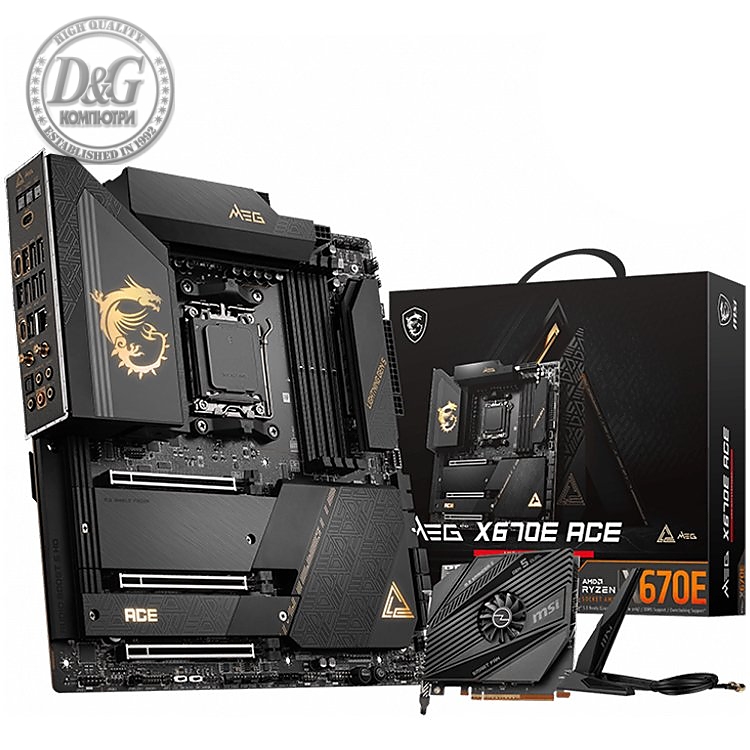 MSI MEG X670E ACE, E-ATX, Socket AM5, 4x DDR5, 3x PCIe 3.0 16 slots, 4x M.2 slots, 9x USB 3.2 Gen 2, 2x USB 3.2 Gen 2x2, Type-C, Type-C DP 1.4, 7.1 HD Audio, 10G LAN, WiFI 6E, BT, 3Y