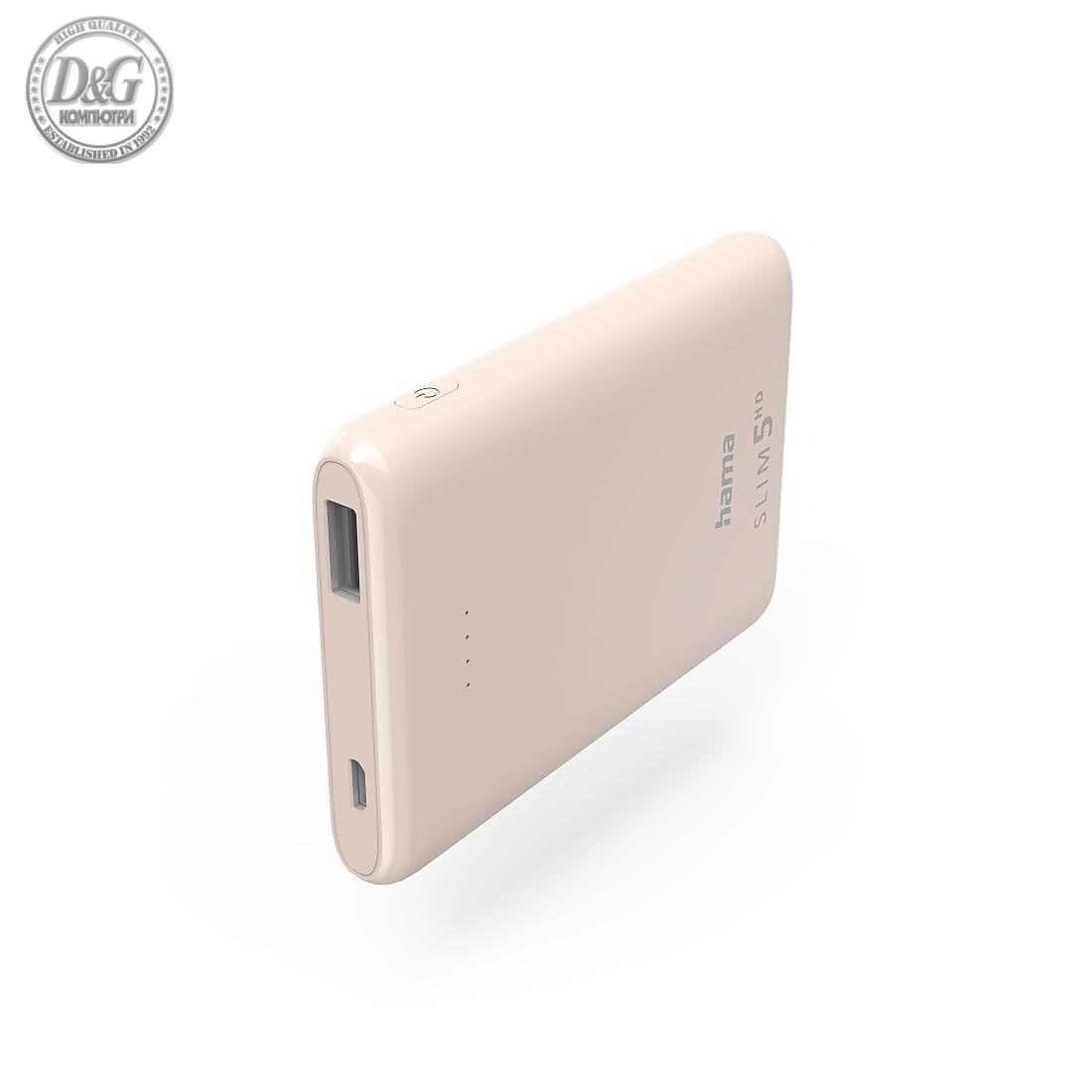 Външна батерия HAMA SLIM 5HD, 5000 mAh, LiPolym, USB-A, Светло розов