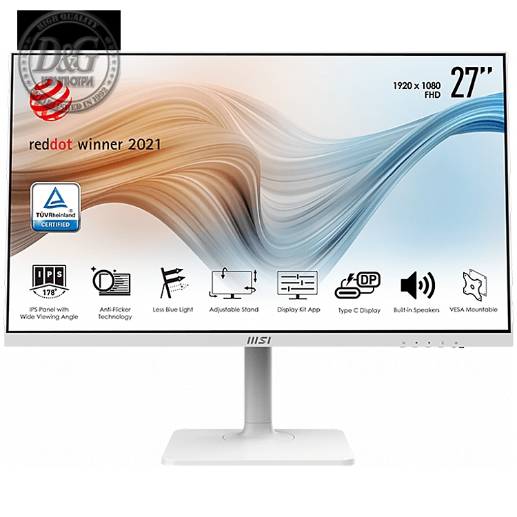 MSI Modern MD271PW Monitor, 27" 75Hz, FHD (1920x1080) 16:9, IPS Anti-glare, 5ms, 250nits, 1000:1, 178°/178°, Adjustable Stand, Anti-Flicker,1x HDMI, 1x Type-C, 3Y Warranty