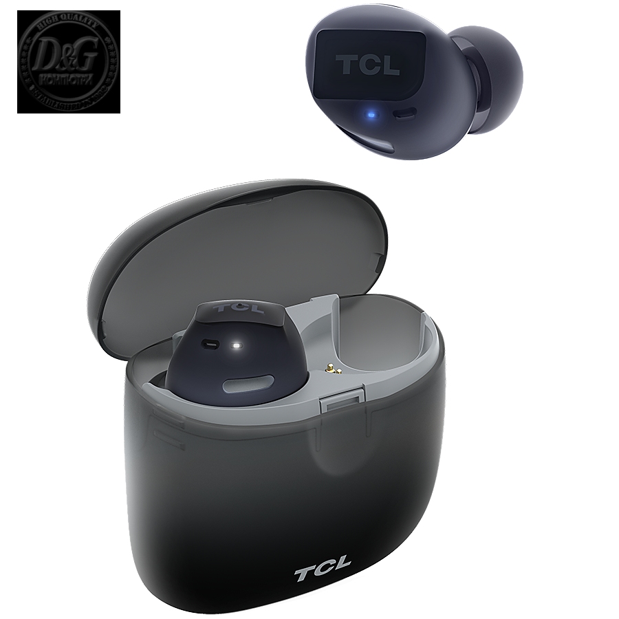 TCL In-Ear True Wireless Bluetooth Headset, Frequency of response 9-22K, Sensitivity 100 dB, Driver Size 5.8mm, Impedence 13 Ohm, Max power input 20mW, Playtime 6.5h/26h, IPX4, Bluetooth 5.0, A2DP, AVRCP, HFP, HS, USB-C, Color Phantom Black