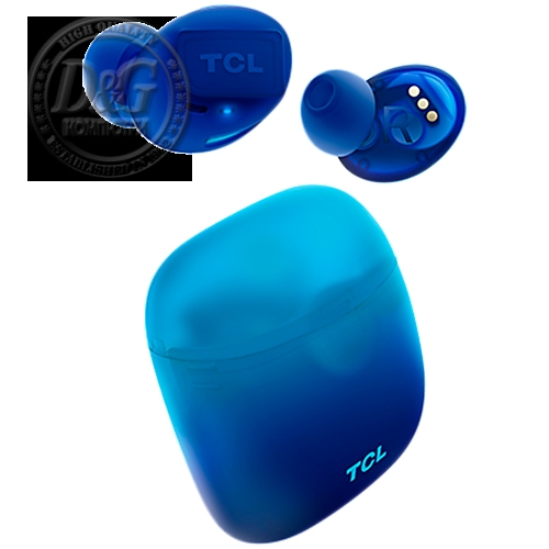 TCL In-Ear True Wireless Bluetooth Headset, Frequency of response 9-22K, Sensitivity 100 dB, Driver Size 5.8mm, Impedence 13 Ohm, Max power input 20mW, Playtime 6.5h/26h, IPX4, Bluetooth 5.0, A2DP, AVRCP, HFP, HS, USB-C, Color Ocean Blue