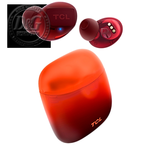 TCL In-Ear True Wireless Bluetooth Headset, Frequency of response 9-22K, Sensitivity 100 dB, Driver Size 5.8mm, Impedence 13 Ohm, Max power input 20mW, Playtime 6.5h/26h, IPX4, Bluetooth 5.0, A2DP, AVRCP, HFP, HS, USB-C, Color Sunset Orange