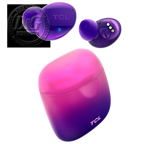 TCL In-Ear True Wireless Bluetooth Headset, Frequency of response 9-22K, Sensitivity 100 dB, Driver Size 5.8mm, Impedence 13 Ohm, Max power input 20mW, Playtime 6.5h/26h, IPX4, Bluetooth 5.0, A2DP, AVRCP, HFP, HS, USB-C, Color Sunrise Purple