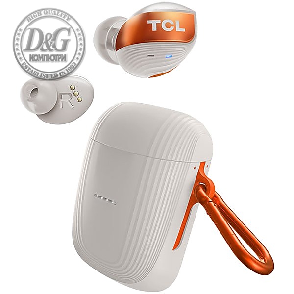 TCL In-Ear True Wireless Bluetooth Headset, Frequency of response 10-22K, Sensitivity 100 dB, Driver Size 6mm, Impedence 14 Ohm, Max power 20mW, Wireless Charging, Playtime 6.5h/33h, IPX5, Bluetooth 5.0, A2DP, AVRCP, HFP, HSP, USB-C, Color Copper Ash