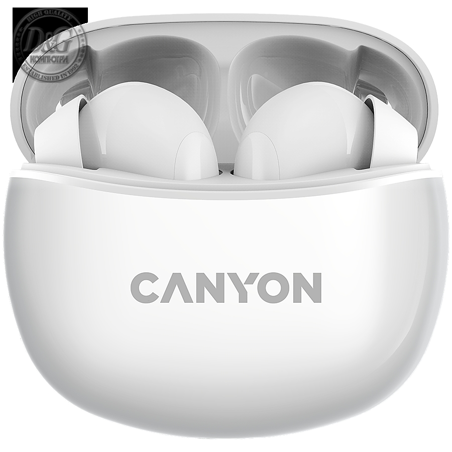 Canyon TWS-5 Bluetooth headset, with microphone, BT V5.3 JL 6983D4, Frequence Response:20Hz-20kHz, battery EarBud 40mAh*2+Charging Case 500mAh, type-C cable length 0.24m, size: 58.5*52.91*25.5mm, 0.036kg, White