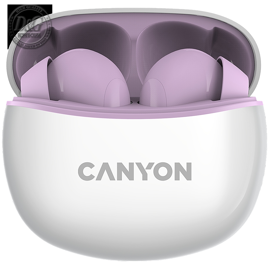 Canyon TWS-5 Bluetooth headset, with microphone, BT V5.3 JL 6983D4, Frequence Response:20Hz-20kHz, battery EarBud 40mAh*2+Charging Case 500mAh, type-C cable length 0.24m, size: 58.5*52.91*25.5mm, 0.036kg, Purple