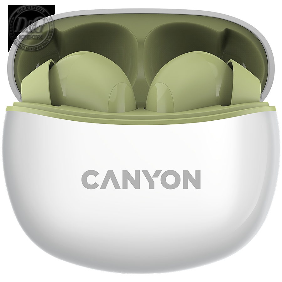 Canyon TWS-5 Bluetooth headset, with microphone, BT V5.3 JL 6983D4, Frequence Response:20Hz-20kHz, battery EarBud 40mAh*2+Charging Case 500mAh, type-C cable length 0.24m, Size: 58.5*52.91*25.5mm, 0.036kg, Green