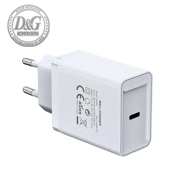 Vention бързо зарядно Fast Charger Wall - QC4.0, PD3.0 Type-C, 30W White - FAIW0