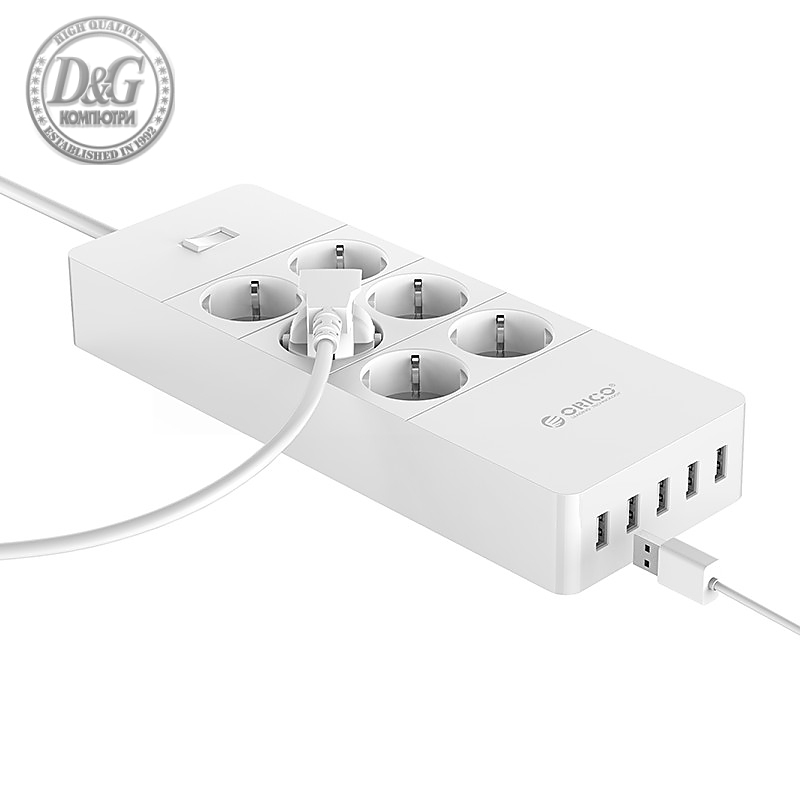 Orico протектор Surge Protector - 6 x Schuko, 5 x USB 2.4A Charging, 4000W, 1.5m - HPC-6A5U-V1-EU-WH