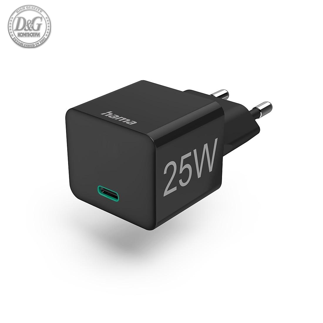 Мрежово зарядно HAMA Mini-Charger, Power Delivery (PD), Qualcomm 3.0, USB-C, 25W, Черен