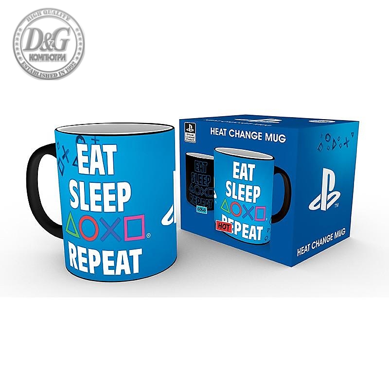 Чаша ABYSTYLE PLAYSTATION Mug Heat Change Eat Sleep Repeat, Сменящ се цвят, Черен