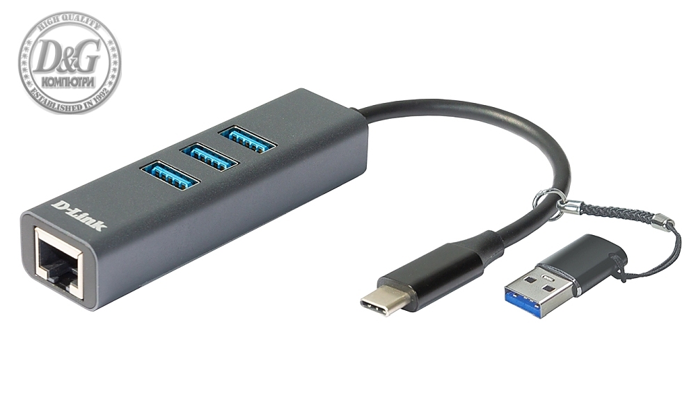 D-Link USB-C/USB to Gigabit Ethernet Adapter with 3 USB 3.0 Ports