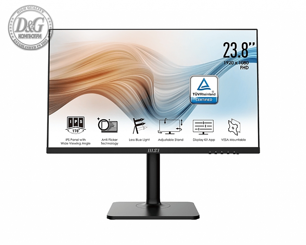 MSI Modern MD241P, 23.8" 1920x1080 (FHD), 75Hz, 5ms, IPS, 250 nits, Flat, USB-C & HDMI, Type-C, Height Adjustable Stand, black