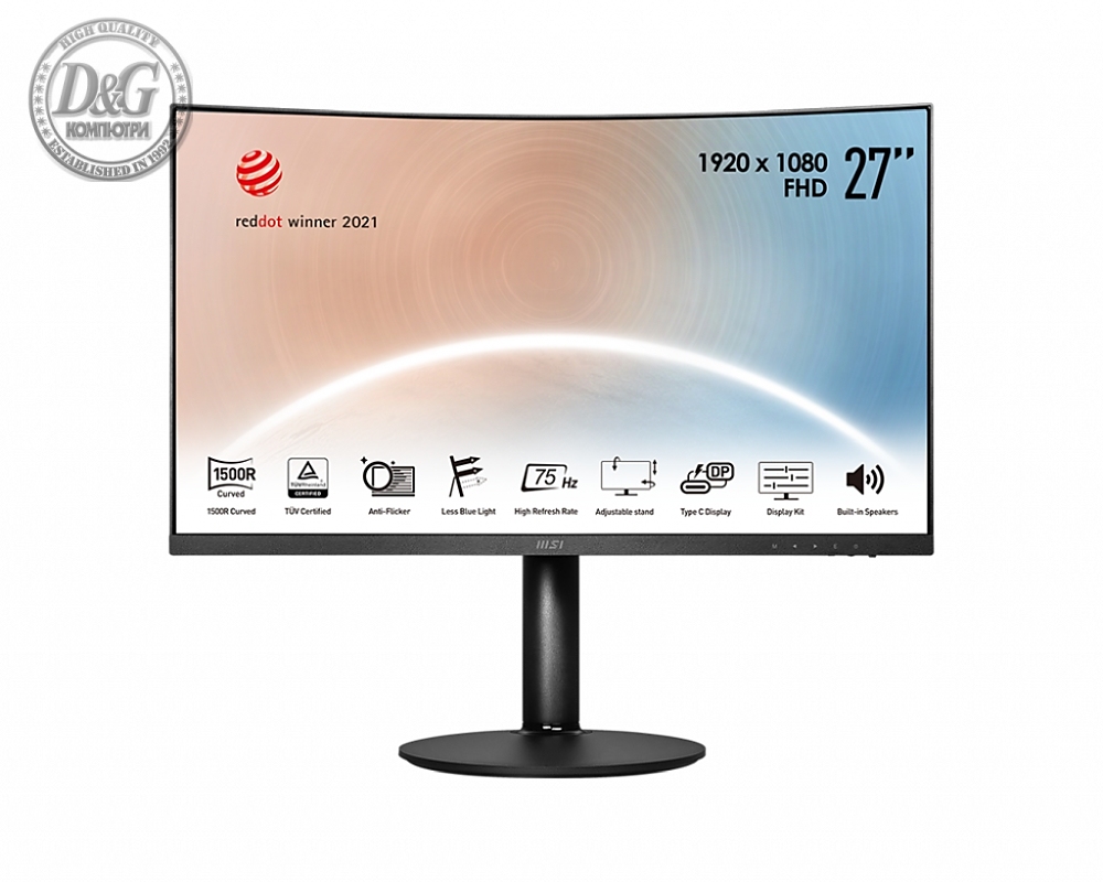 MSI Modern MD271CP, 27"1920x1080 (FHD), 75Hz, 4ms, VA, 250 nits, 1500R, USB-C & HDMI, Adaptive Sync, CURVED, Type-C, Height Adjustable Stand, Eye care