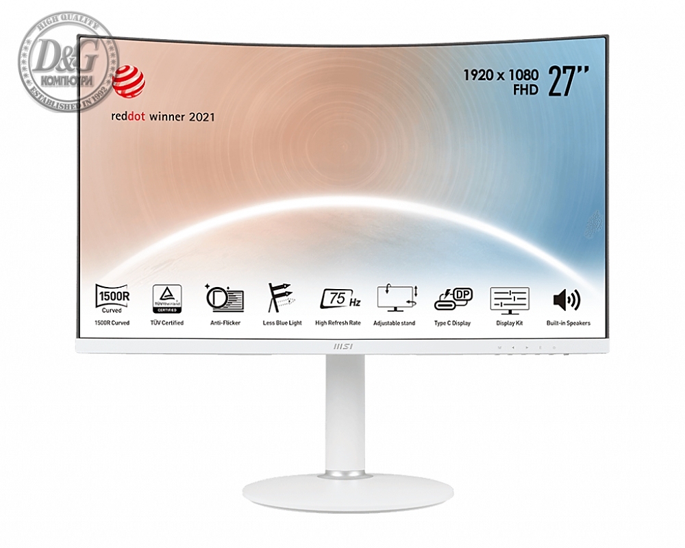 MSI Modern MD271CPW, 27", 1920x1080 (FHD), 75Hz, 4ms, VA, 250 nits, 1500R, USB-C & HDMI, AdaptiveSync, CURVED , Type-C, Height Adjustable Stand, White