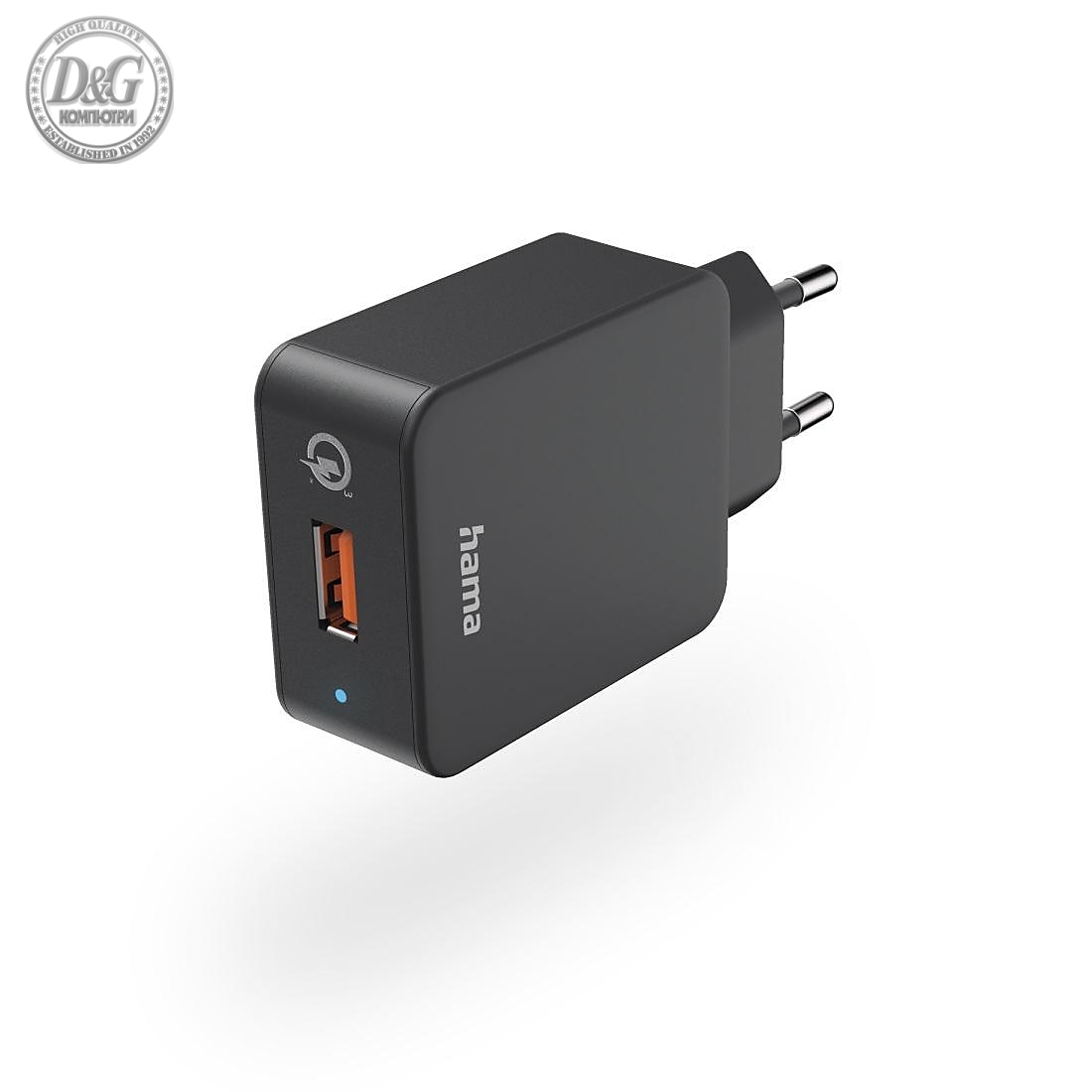 Мрежово зарядно Hama, Qualcomm Quick Charge 3.0, USB-A, 19.5 W, Черен