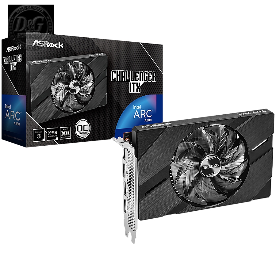 Asrock Intel Arc A380 Challenger ITX 6GB OC, GDDR6, 96-bit, 1x HDMI 2.0b, 3x DP 2.0, 1x 8-pin Pwr connector, 500W.