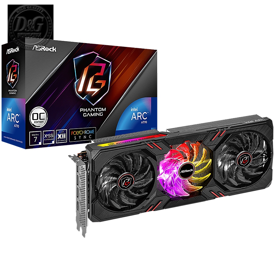 Intel Arc A770 Phantom Gaming D 8GB OC, 256-bit GDDR6, 1x HDMI 2.1, 3x DisplayPort 2.0, 2x 8-pin Power Connectors, recommended PSU 700W