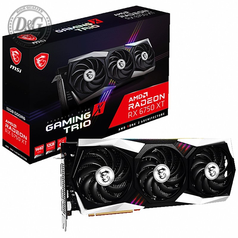 MSI Video Card AMD Radeon RX 6750 XT GAMING X TRIO 12G, 12GB GDDR6, 192-bit, 432.0 GB/s, 18000 MHz Effective Memory Clock, Boost: 2623 MHz, 2560 Cores, 3x DP 1.4, HDMI 2.1, 650W Recommended PSU, 3Y