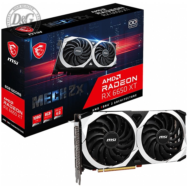 MSI Video Card AMD Radeon RX 6650 XT MECH 2X 8G OC, 8GB GDDR6, 128 -bit, 280.3 GB/s, 17500 MHz Effective Memory Clock, Boost: 2669 MHz, 2048 Cores, 3x DP 1.4, HDMI 2.1, 500W Recommended PSU, 3Y