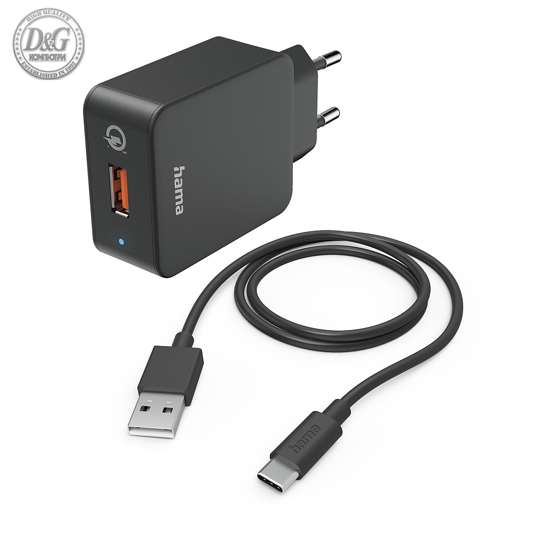 Мрежово зарядно HAMA, 220V, USB-C, Qualcomm, Quick Charge, 19.5W, Вкл. кабел, Черен