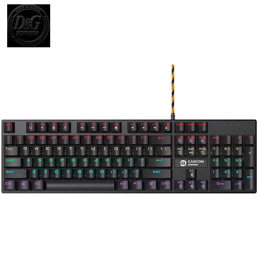 Wired black Mechanical keyboard With colorful lighting system104PCS rainbow backlight LED,also can custmized backlight,1.8M braided cable length,rubber feet,English layout double injection,Numbers 104 keys,keycaps,0.7kg, Size 429*124*35mm