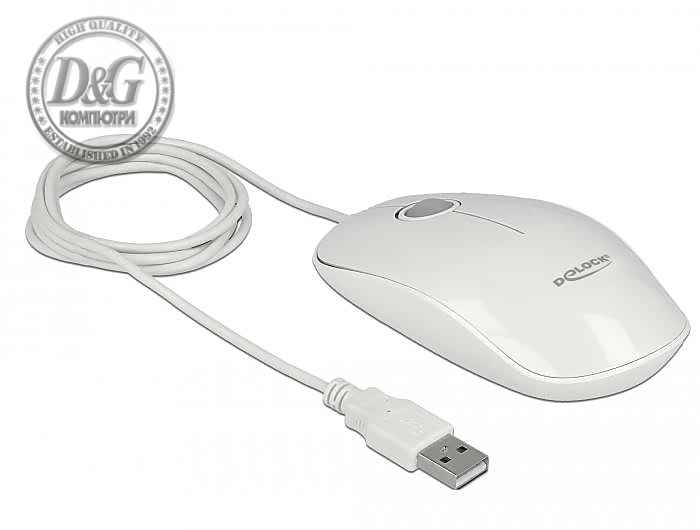 Оптична мишка DeLock 12537, USB-A, LED, Кабел 1.3 м, USB, 1200 dpi, 3 бутона, Бял