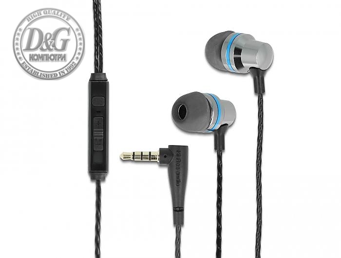 Слушалки DeLock 27183, In-Ear, 3.5 mm жак, Микрофон, Управление на звука, Черен/Сив