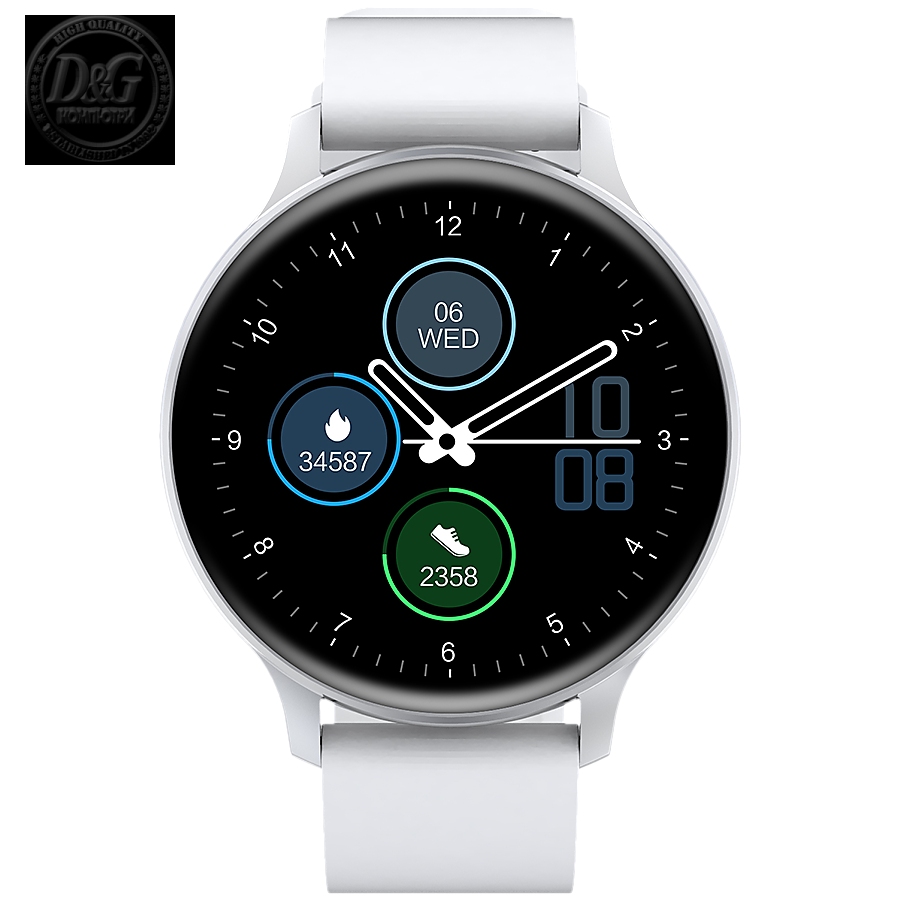 Smartwatch, Realtek 8762CK, 1.28"TFT 240x240px; RAM : 160KB,  Lithium-ion polymer battery, 3.7V 190mAh Include, Silver Zinc alloy middle frame + plastic bottom case+ white Silicone strap + silver strap buckle, 44.9x 10.9mm, strap: 20x220mm, 50.64g