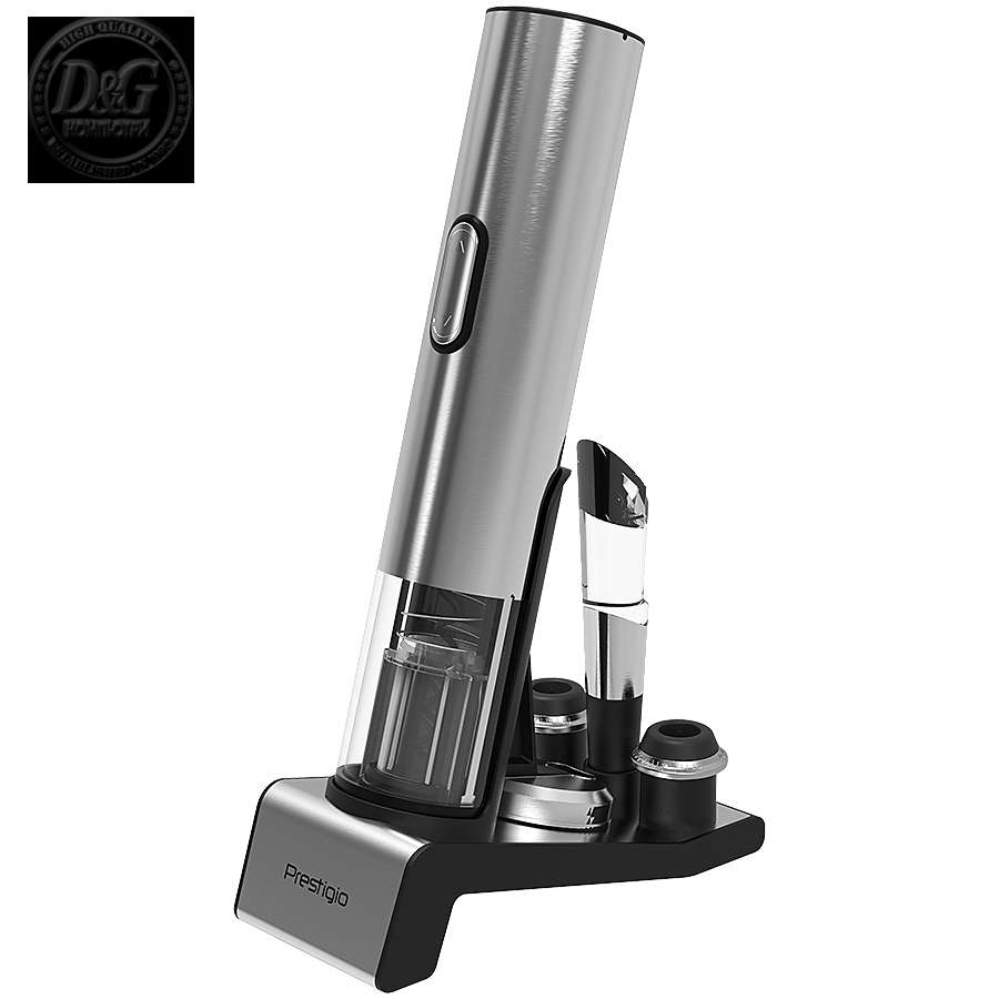 Prestigio Garda, smart wine opener, simple operation with 2 buttons, aerator, vacuum stopper preserver, foil cutter, opens up to 50 bottles wihout recharging, premium design, 500mAh battery, Dimensions D 17mm* H 290mm* W100 mm, silver color.