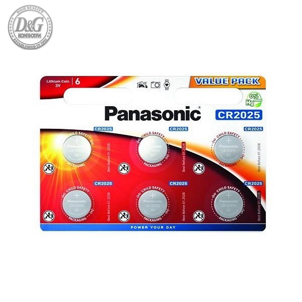 Бутонна батерия литиева PANASONIC CR2025, 3V, 6 бр. в блистер /цена за 6 бр./